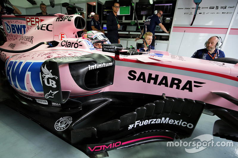 Sergio Perez, Sahara Force India F1 VJM10 con un messaggio per le vittime del terremoto in Messico