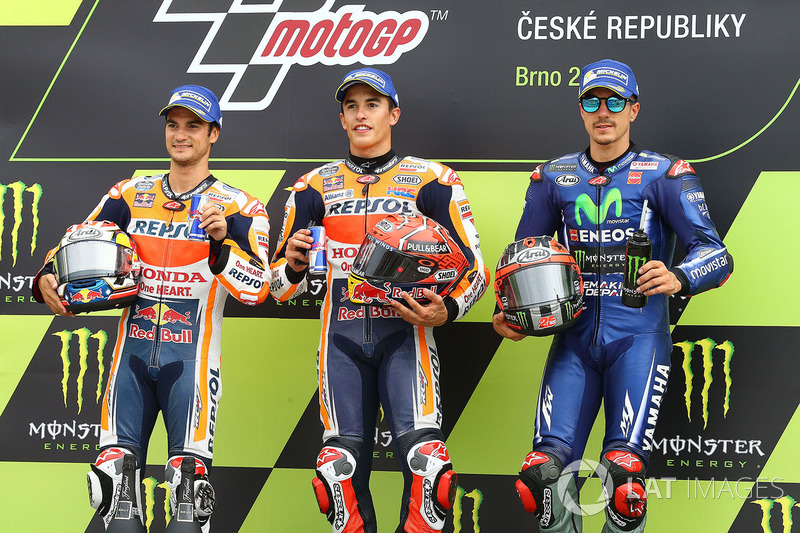 Podium: Race winner Marc Marquez, Repsol Honda Team, second place Dani Pedrosa, Repsol Honda Team, third place Maverick Viñales, Yamaha Factory Racing