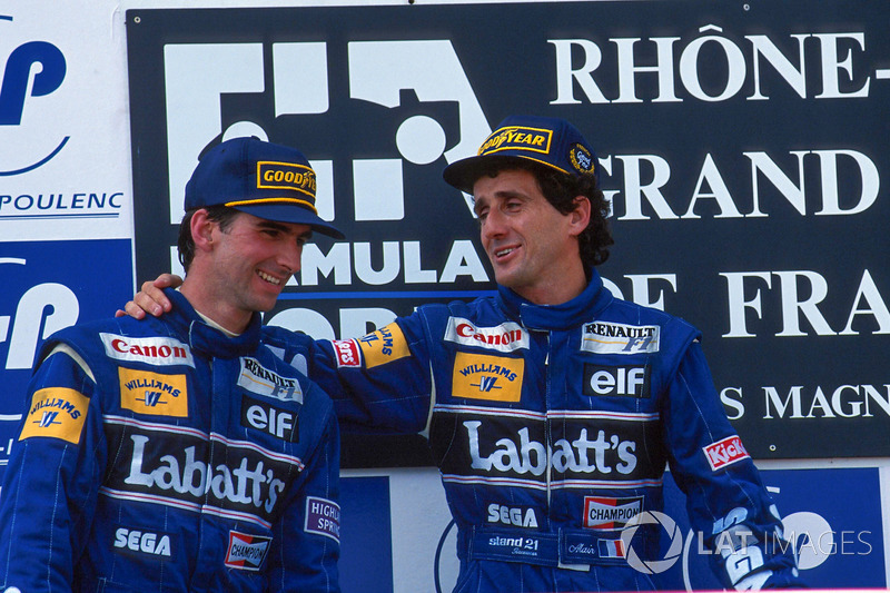 Podium: race winner Alain Prost, second place Damon Hill