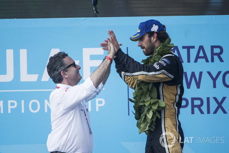 Alejandro Agag, CEO, Formula E, Jean-Eric Vergne, Techeetah, celebrate on the podium