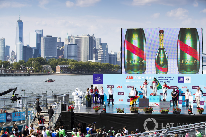 Daniel Abt, Audi Sport ABT Schaeffler,Lucas di Grassi, Audi Sport ABT Schaeffler, Sébastien Buemi, Renault e.Dams, celebrate on the podium after the race