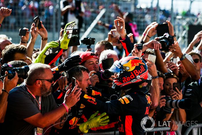 Max Verstappen, Red Bull, celebrates with his team in Parc Ferme