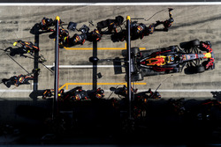 Daniel Ricciardo, Red Bull Racing RB14, leaves his pit box after a stop