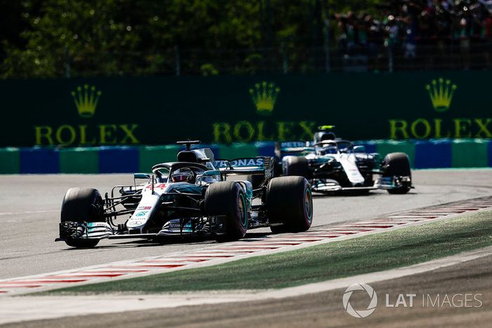 Lewis Hamilton, Mercedes AMG F1 W09, leads Valtteri Bottas, Mercedes AMG F1 W09