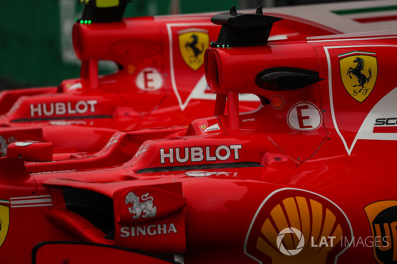 The cars of Sebastian Vettel, Ferrari SF70H and Kimi Raikkonen, Ferrari SF70H in parc ferme