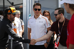 Fernando Alonso, McLaren, and Stoffel Vandoorne, McLaren, meet Paul Byron from the Canadiens NHL Ice