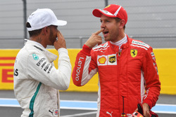 Lewis Hamilton, Mercedes-AMG F1 and Sebastian Vettel, Ferrari in parc ferme