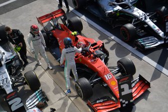 Valtteri Bottas, Mercedes AMG F1, 2nd position, congratulates Charles Leclerc, Ferrari, 1st position, in Parc Ferme