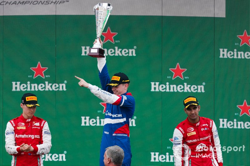 Race winner Robert Shwartzman, PREMA Racing, Marcus Armstrong, PREMA Racing and Jehan Daruvala, PREMA Racing celebrate on the podium