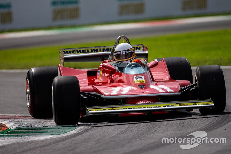 Jody Scheckter demonstrates the Ferrari 312T4 he won his world championship title with 40 years ago