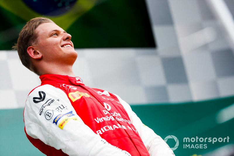 Race winner Mick Schumacher, Prema Racing on the podium