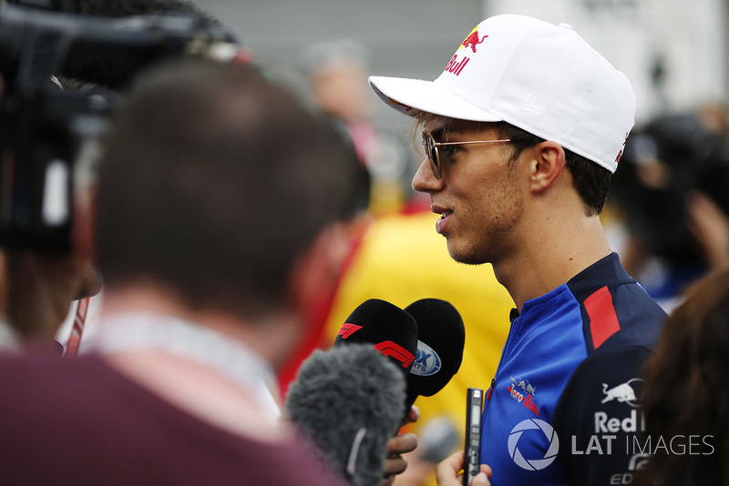 Pierre Gasly, Toro Rosso, talks to the media