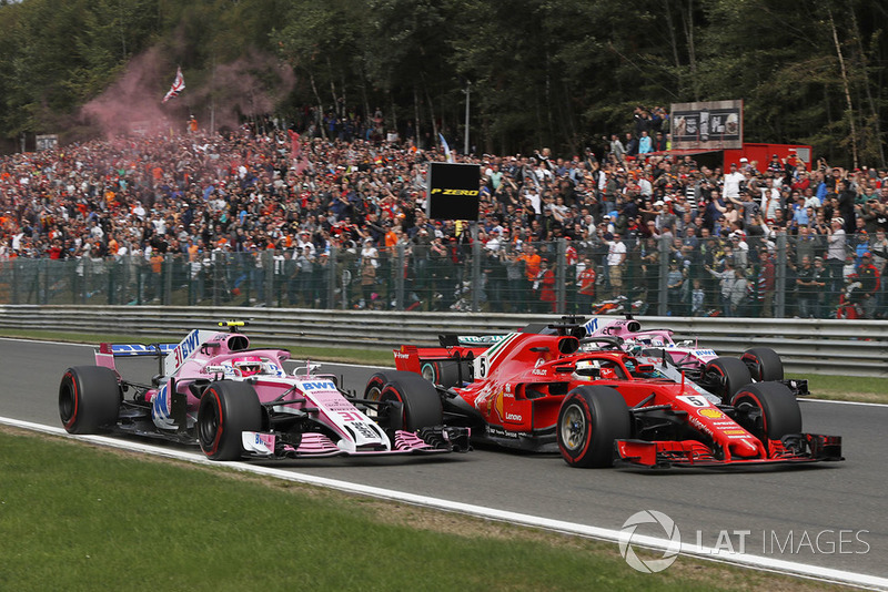 Эстебан Окон, Racing Point Force India F1 VJM11, Себастьян Феттель, Ferrari SF71H, Льюис Хэмилтон, Mercedes AMG F1 W09, и Серхио Перес, Racing Point Force India F1 VJM11