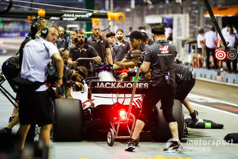 Romain Grosjean, Haas F1 Team VF-18, in the pit lane
