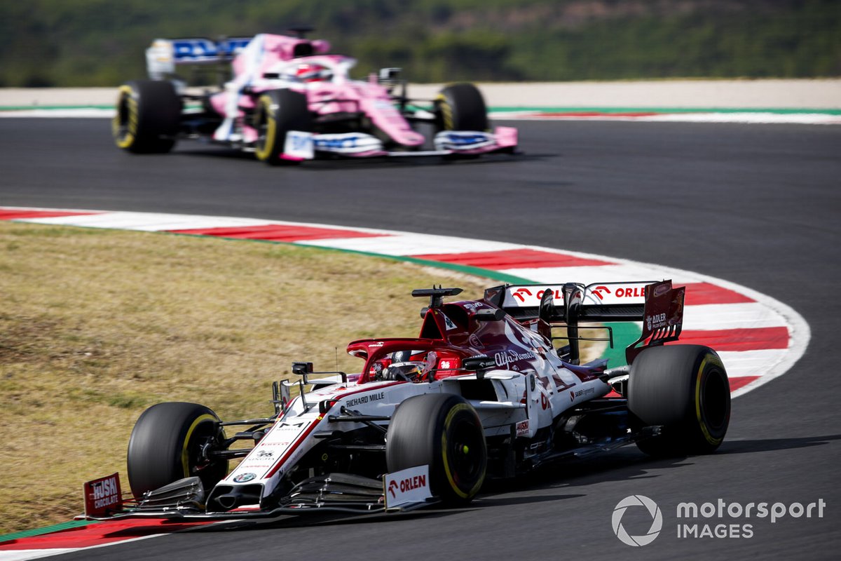 Kimi Raikkonen, Alfa Romeo Racing C39, Sergio Perez, Racing Point RP20