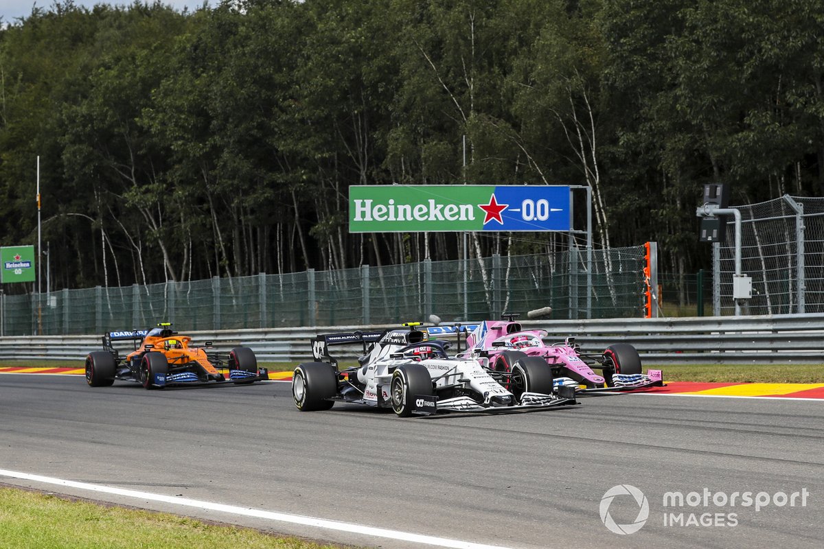 Pierre Gasly, AlphaTauri AT01, Sergio Perez, Racing Point RP20, and Lando Norris, McLaren MCL35