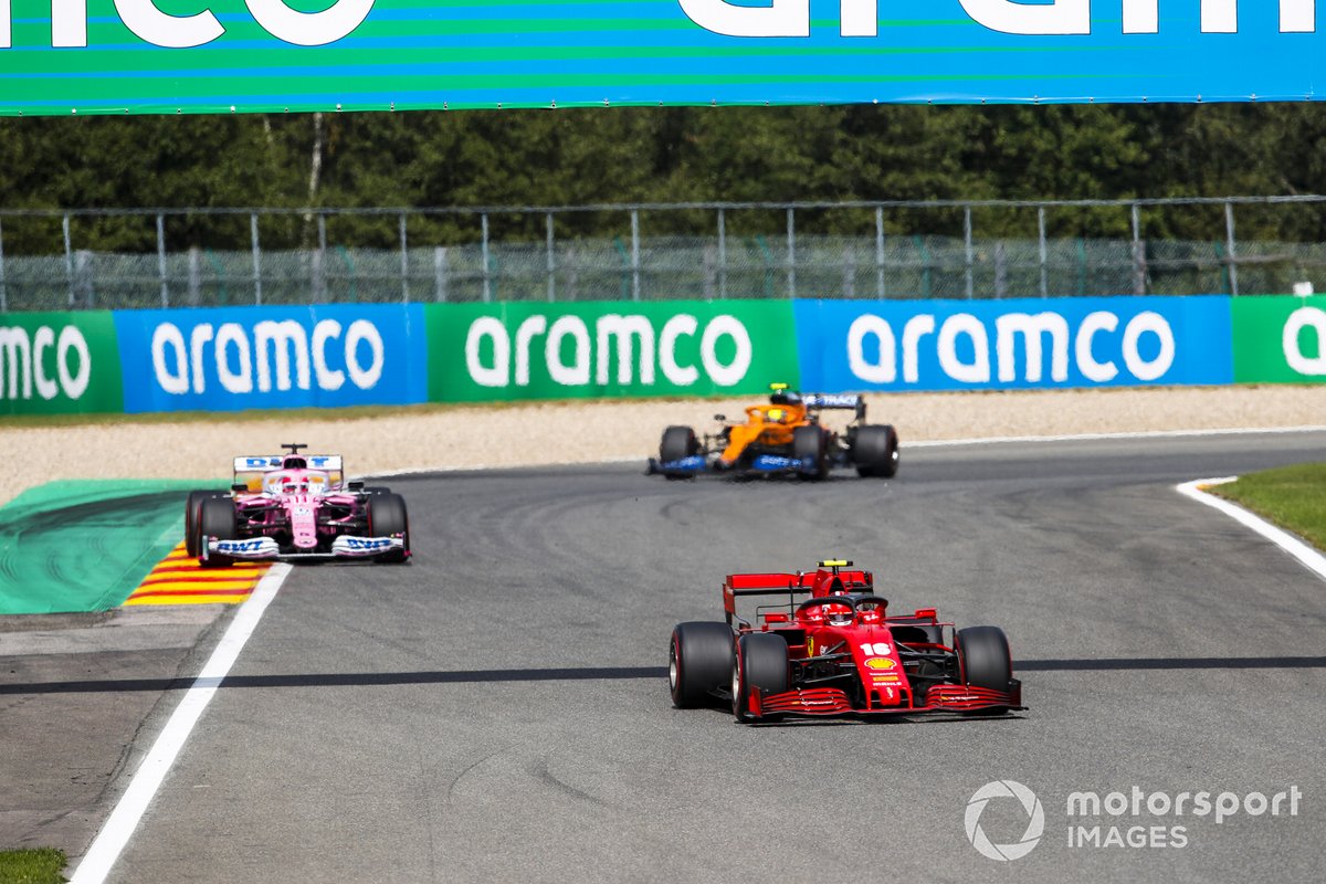 Charles Leclerc, Ferrari SF1000, Sergio Perez, Racing Point RP20, and Lando Norris, McLaren MCL35