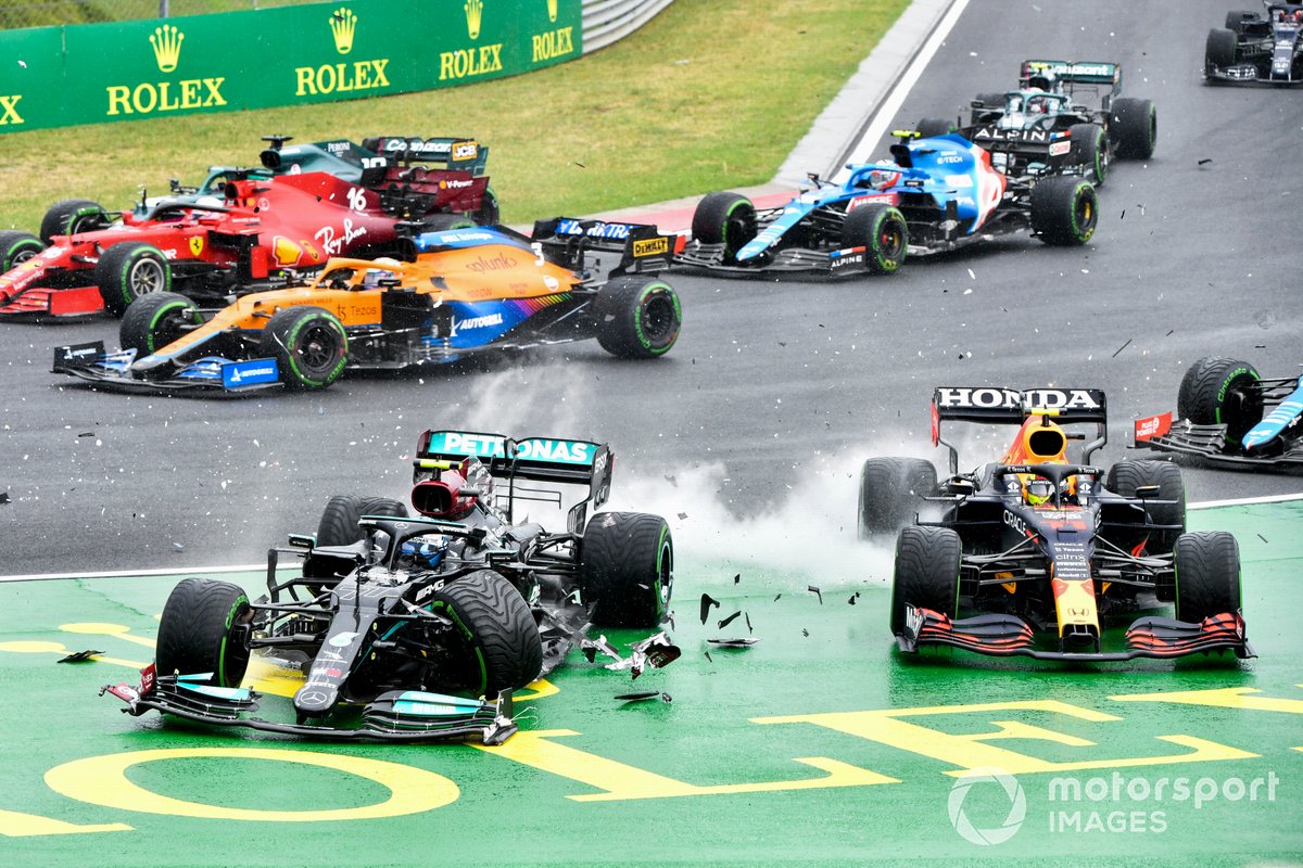 Valtteri Bottas, Mercedes W12 and Sergio Perez, Red Bull Racing RB16B crash