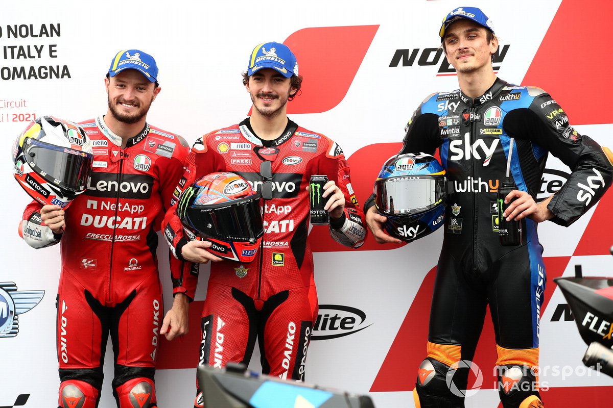 Polesitter Francesco Bagnaia, Ducati Team, second place Jack Miller, Ducati Team, third place Luca Marini, Esponsorama Racing