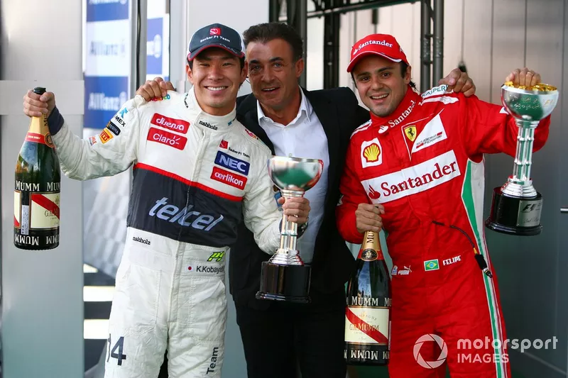 Second placed Felipe Massa, Ferrari, third place Kamui Kobayashi, Sauber C31 celebrate with Jean Alesi