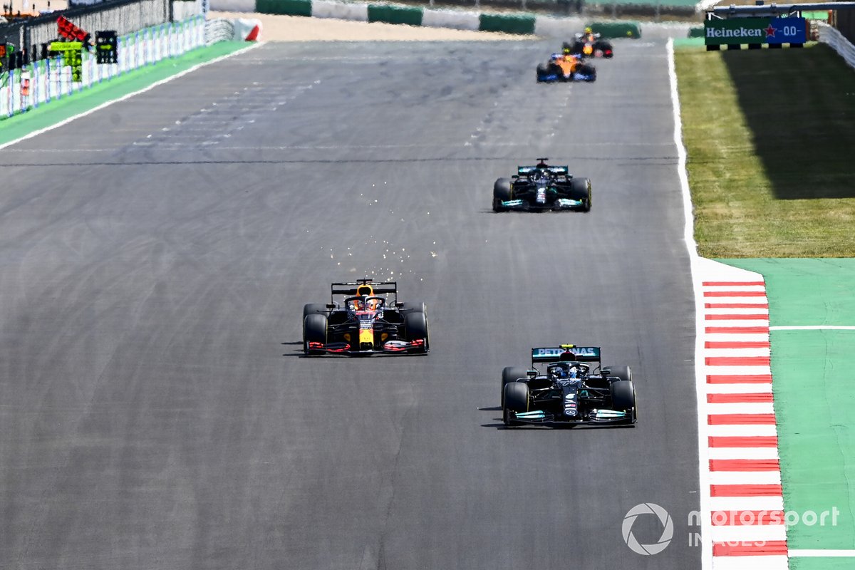 Valtteri Bottas, Mercedes W12, Max Verstappen, Red Bull Racing RB16B, and Lewis Hamilton, Mercedes W12