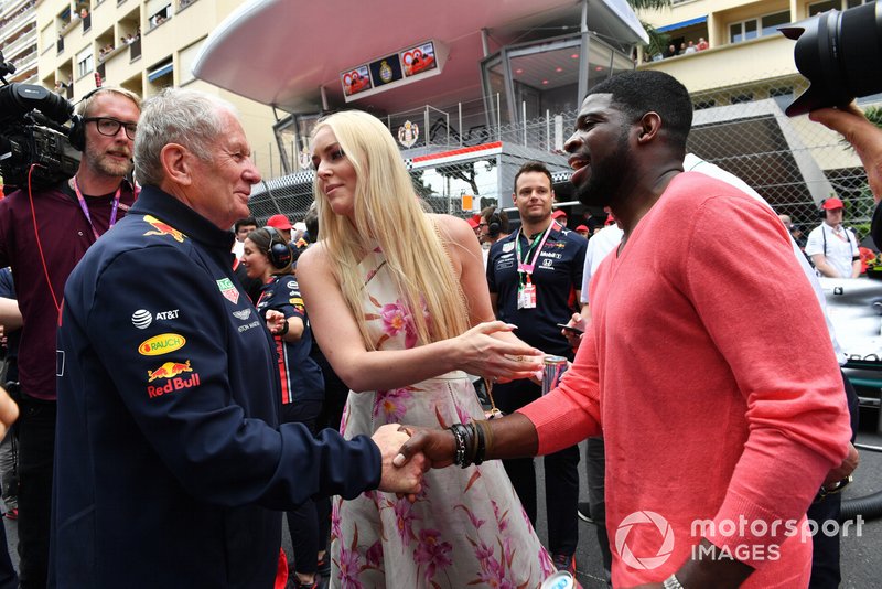 Ice Hockey player P.K. Subban on the grid with his partner Lyndsey Vonn and Helmut Markko, Consultant, Red Bull Racing