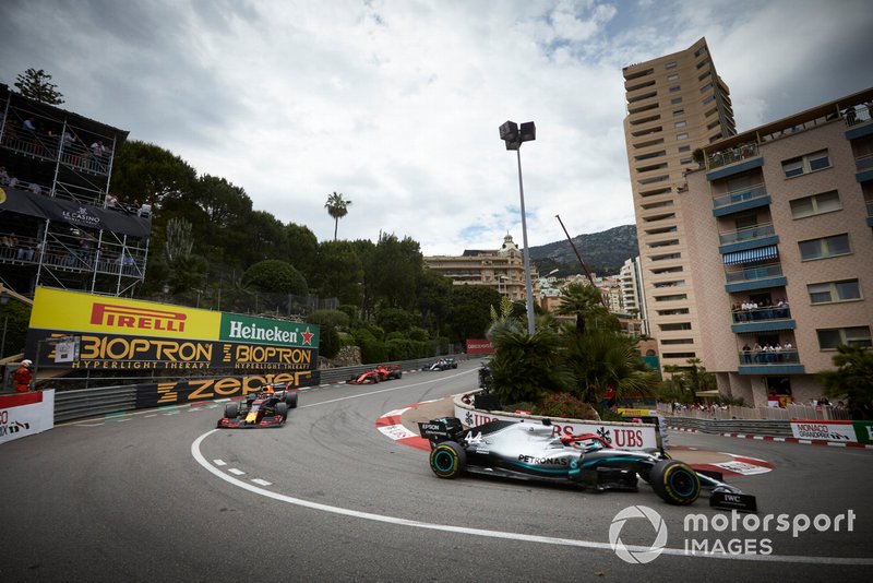 Lewis Hamilton, Mercedes AMG F1 W10, leads Max Verstappen, Red Bull Racing RB15