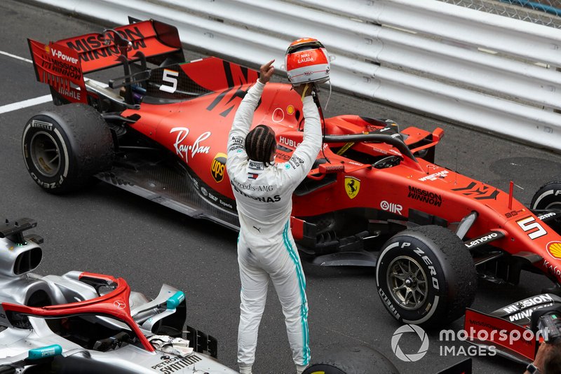 Lewis Hamilton, Mercedes AMG F1, 1st position, celebrates on arrival in Parc Ferme