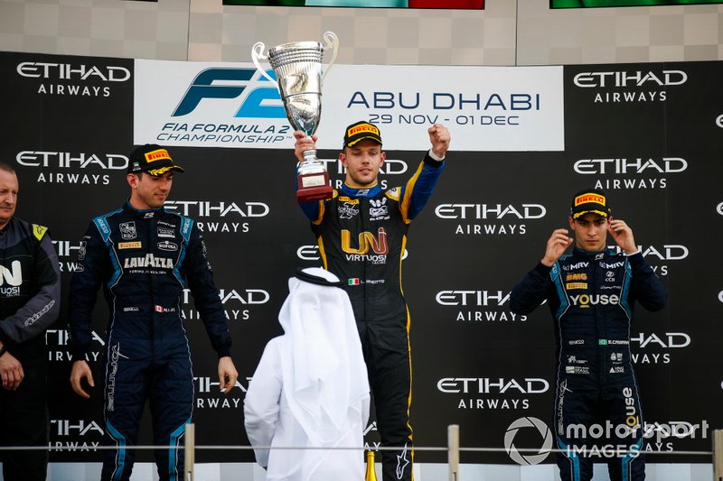 Luca Ghiotto, UNI Virtuosi Racing, celebrates victory on the podium with Nicholas Latifi, Dams and Sergio Sette Camara, Dams