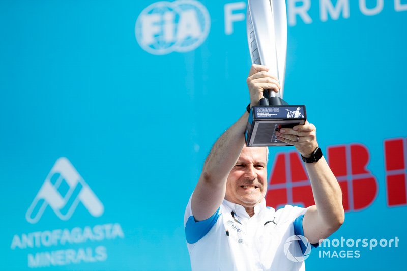 Jens Marquardt, BMW Motorsport Director with the winner's trophy on the podium