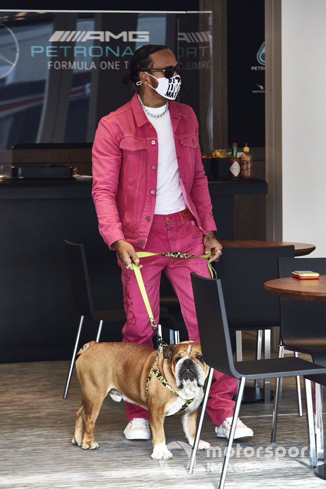 Lewis Hamilton, Mercedes-AMG F1, with his dog Roscoe