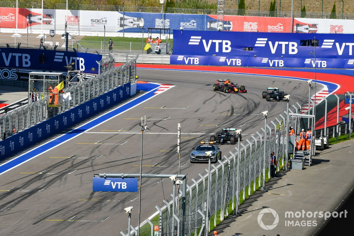 The Safety Car Lewis Hamilton, Mercedes F1 W11, Valtteri Bottas, Mercedes F1 W11, and Max Verstappen, Red Bull Racing RB16