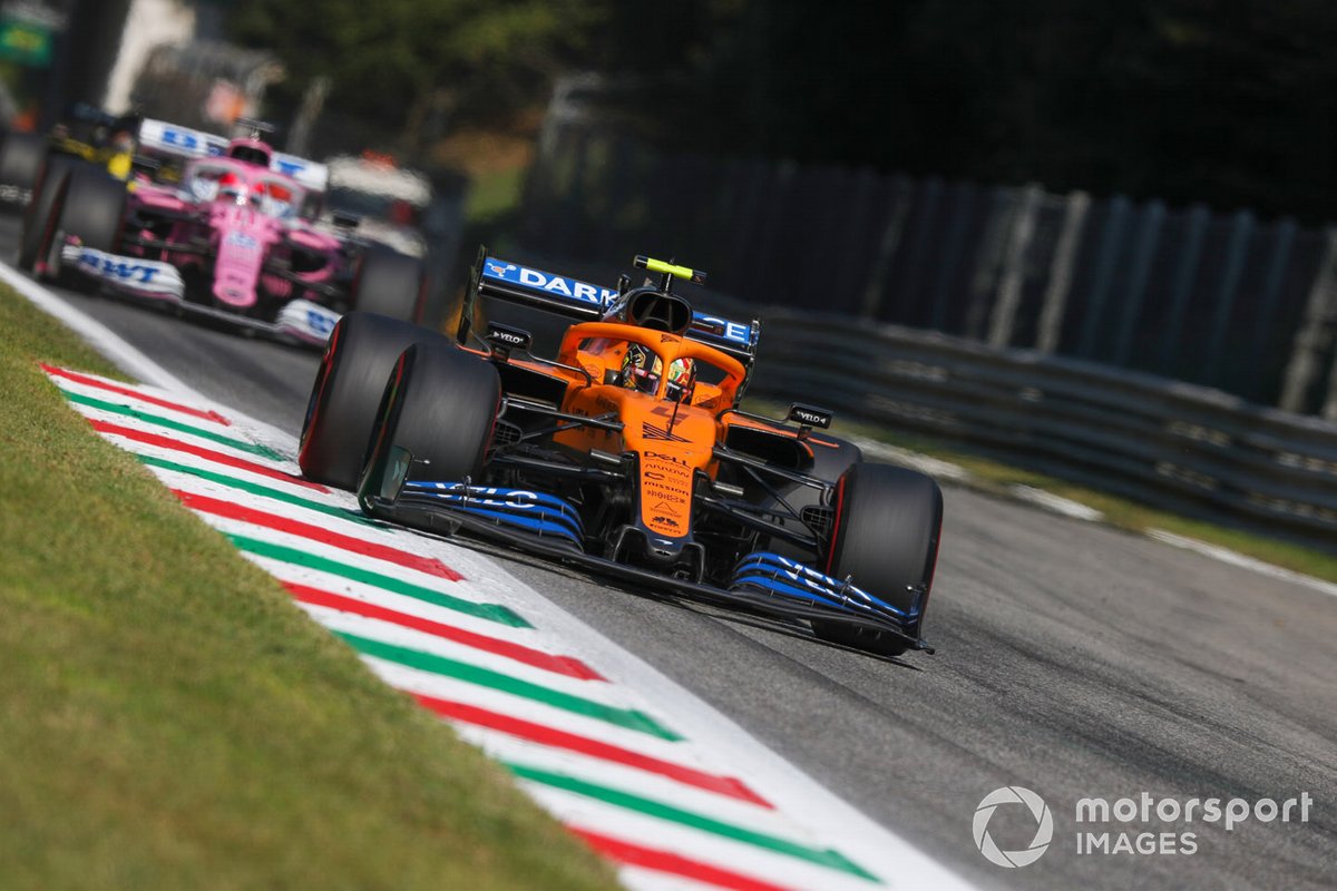 Lando Norris, McLaren MCL35, Sergio Perez, Racing Point RP20