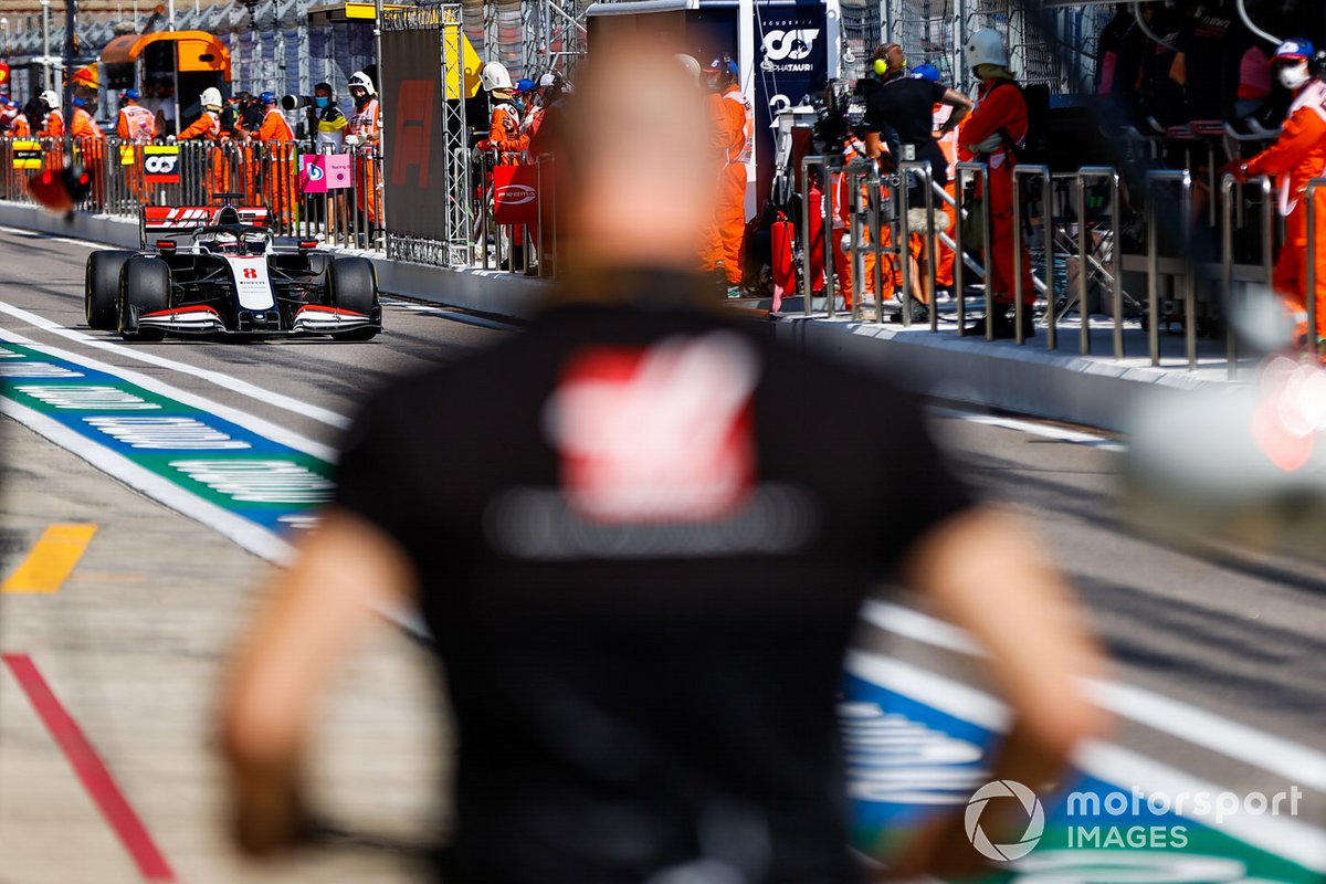 Romain Grosjean, Haas VF-20, in pit lane