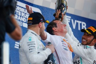 Winner Lewis Hamilton, Mercedes AMG F1 and Valtteri Bottas, Mercedes AMG F1, celebrate on the podium