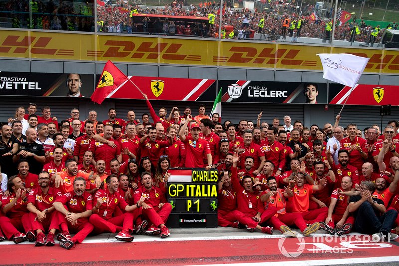 Race winner Charles Leclerc, Ferrari poses for a photograph with his Ferrari team