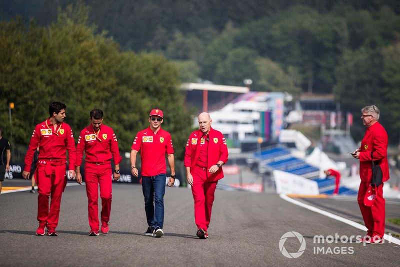 Charles Leclerc, Ferrari, walks the track with colleagues, including Jock Clear, Race Engineer, Ferrari.