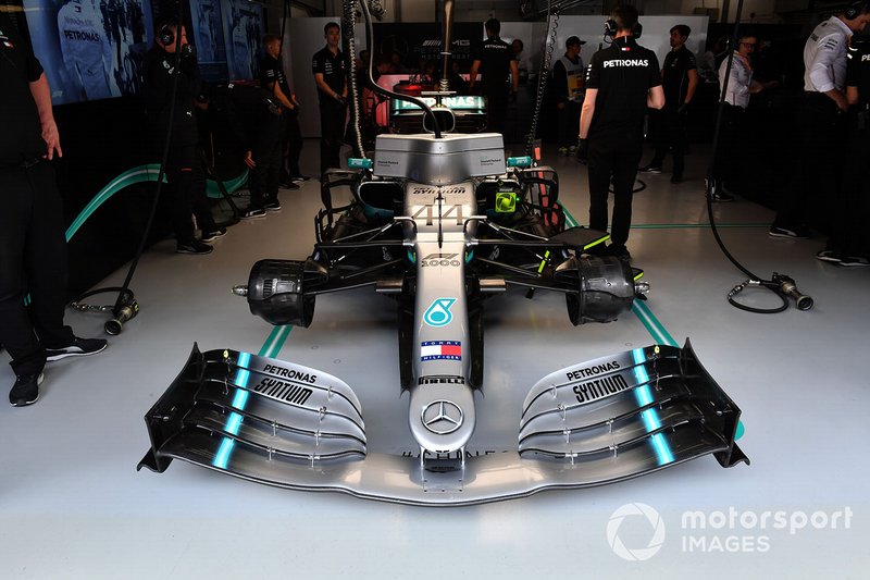 The car of Lewis Hamilton, Mercedes AMG F1 W10, in the garage