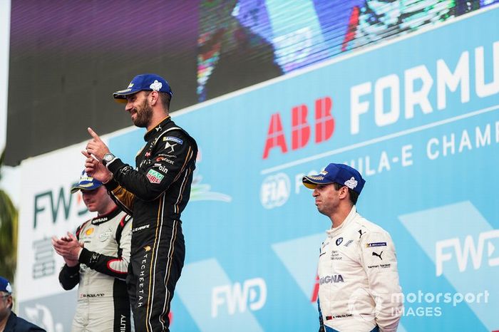 Jean-Eric Vergne, DS TECHEETAH, 1st position, Oliver Rowland, Nissan e.Dams, 2nd position, Antonio Felix da Costa, BMW I Andretti Motorsports, 3rd position, on the podium