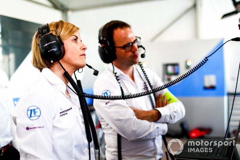 Susie Wolff, Team Principal, Venturi Formula E, watches practice from the garage