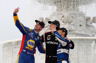 Josef Newgarden, Team Penske Chevrolet, Alexander Rossi, Andretti Autosport Honda, Takuma Sato, Rahal Letterman Lanigan Racing Honda celebrate on the podium