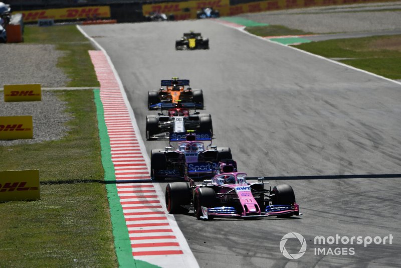 Sergio Perez, Racing Point RP19, leads Lance Stroll, Racing Point RP19, Antonio Giovinazzi, Alfa Romeo Racing C38, and Lando Norris, McLaren MCL34