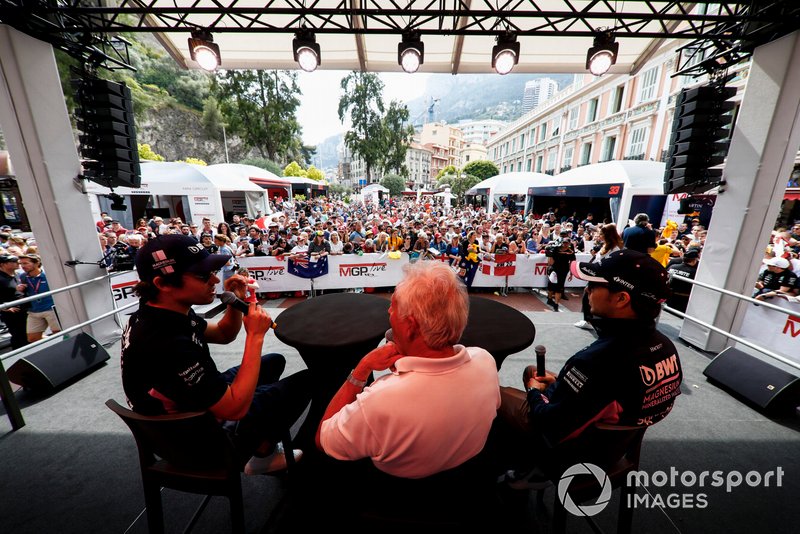 Lance Stroll, Racing Point and Sergio Perez, Racing Point on stage in the fan zone