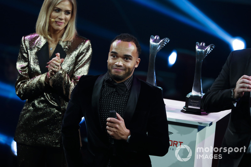 Nicolas Hamilton, brother of F1 World Champion Lewis Hamilton on stage to accept the British Competition Driver and International Racing Driver awards