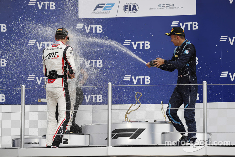 Podium: race winner George Russell, ART Grand Prix, second place Sergio Sette Camara, Carlin, third place Alexander Albon, DAMS