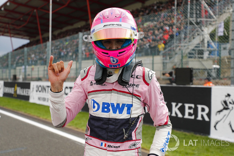Esteban Ocon, Racing Point Force India, fête sa troisième place en qualifications