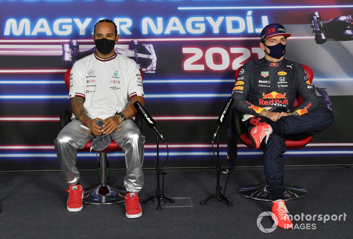 Pole man Lewis Hamilton, Mercedes, and Max Verstappen, Red Bull Racing