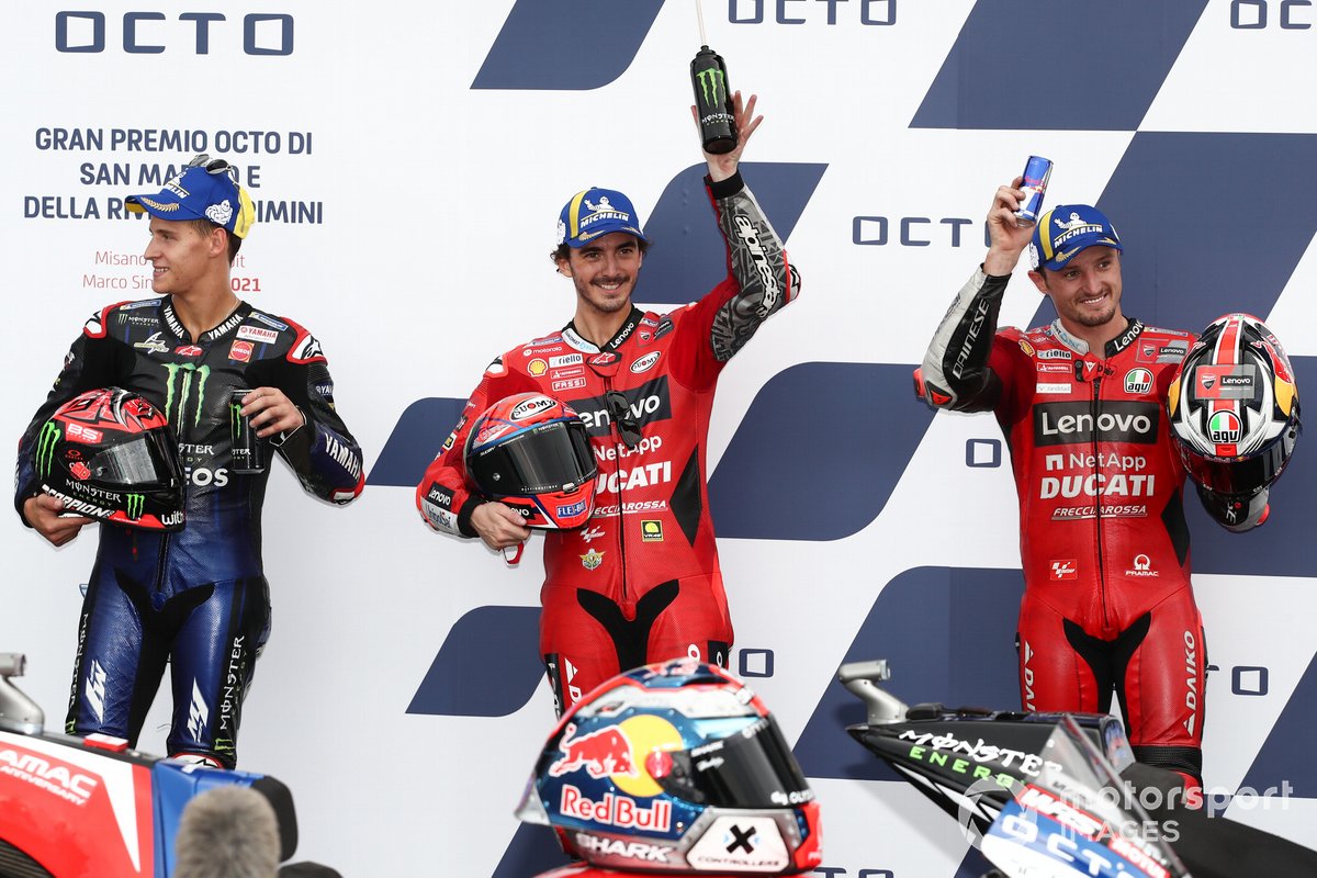 Francesco Bagnaia, Ducati Team, Jack Miller, Ducati Team, Fabio Quartararo, Yamaha Factory Racing, akan mengisi front row balapan MotoGP San Marino 2021.