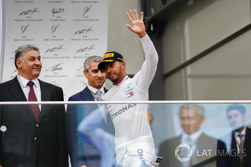 Lewis Hamilton, Mercedes AMG F1, 1st position, arrives on the podium