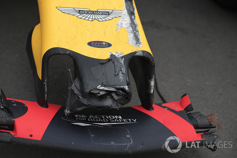 The damaged car of Max Verstappen, Red Bull Racing